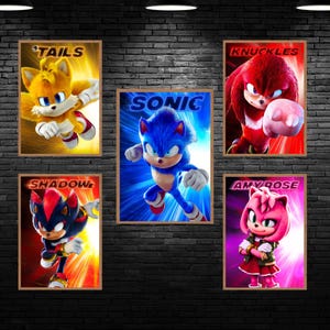 Sonic Hedgehog Poster Prints, Set of 5 Sonic 3 Posters, Sonic Movie Printable Shadow Tails Knuckles Wall Art, Kids Room Decor Digital Print