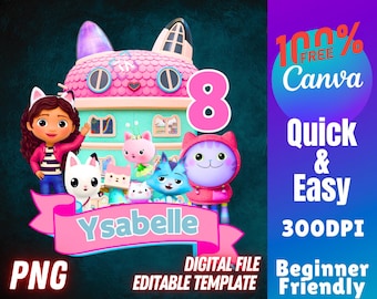 Gabbys Dollhouse Birthday PNG Editable Canva Template For Girls Pandy Paws MerCat Cakey