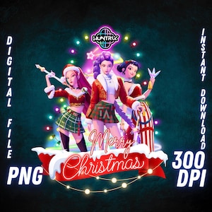 May include: Digital file featuring three animated figures in Christmas attire. The image includes the text "Merry Christmas" in a festive font, along with "PNG" and "300 DPI". The figures are surrounded by Christmas lights.
