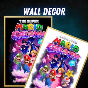 May include: Two framed wall decor pieces featuring the Super Mario Galaxy game. One has a black background, the other white. Both feature Mario, Luigi, Princess Peach, and other characters. The text "WALL DECOR" is at the top.