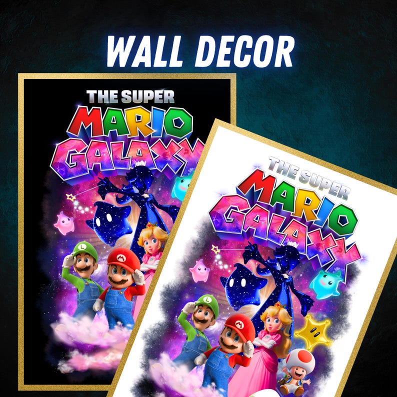 May include: Two framed wall decor pieces featuring the Super Mario Galaxy game. One has a black background, the other white. Both feature Mario, Luigi, Princess Peach, and other characters. The text "WALL DECOR" is at the top.