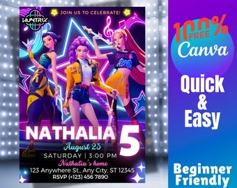 Kpop Demon Hunters Birthday Invitation Canva Template, Girls Party Invite, Editable Card PNG