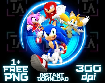 May include: A digital illustration of Sonic the Hedgehog, Tails, Knuckles, and Amy Rose. The characters are in a blue and white swirl. The text "1+ FREE PNG INSTANT DOWNLOAD 300 dpi" is at the bottom of the image.
