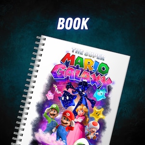 May include: A spiral-bound notebook with the title "The Super Mario Galaxy" in colourful text. The cover features Mario, Luigi, Princess Peach, and other characters from the game. The word "BOOK" is printed at the top.