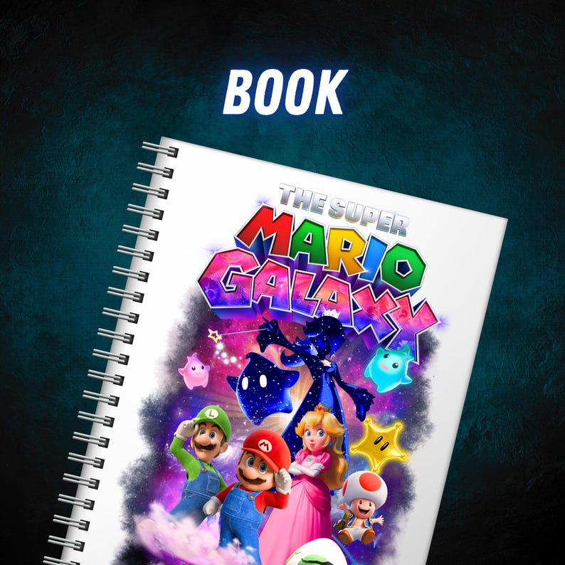 May include: A spiral-bound notebook with the title "The Super Mario Galaxy" in colourful text. The cover features Mario, Luigi, Princess Peach, and other characters from the game. The word "BOOK" is printed at the top.