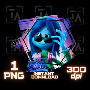 Pode incluir: Gráfico digital para download com um personagem de desenho animado azul usando óculos de sol, do filme "Ruby Gillman, Teenage Kraken". A imagem inclui o texto "1 PNG" e "Download instantâneo" em um fundo preto. A imagem tem 300 dpi.