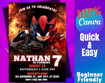 Shadow the Hedgehog Birthday Invitation: Sonic Theme, Canva Editable Template (Digital Download)