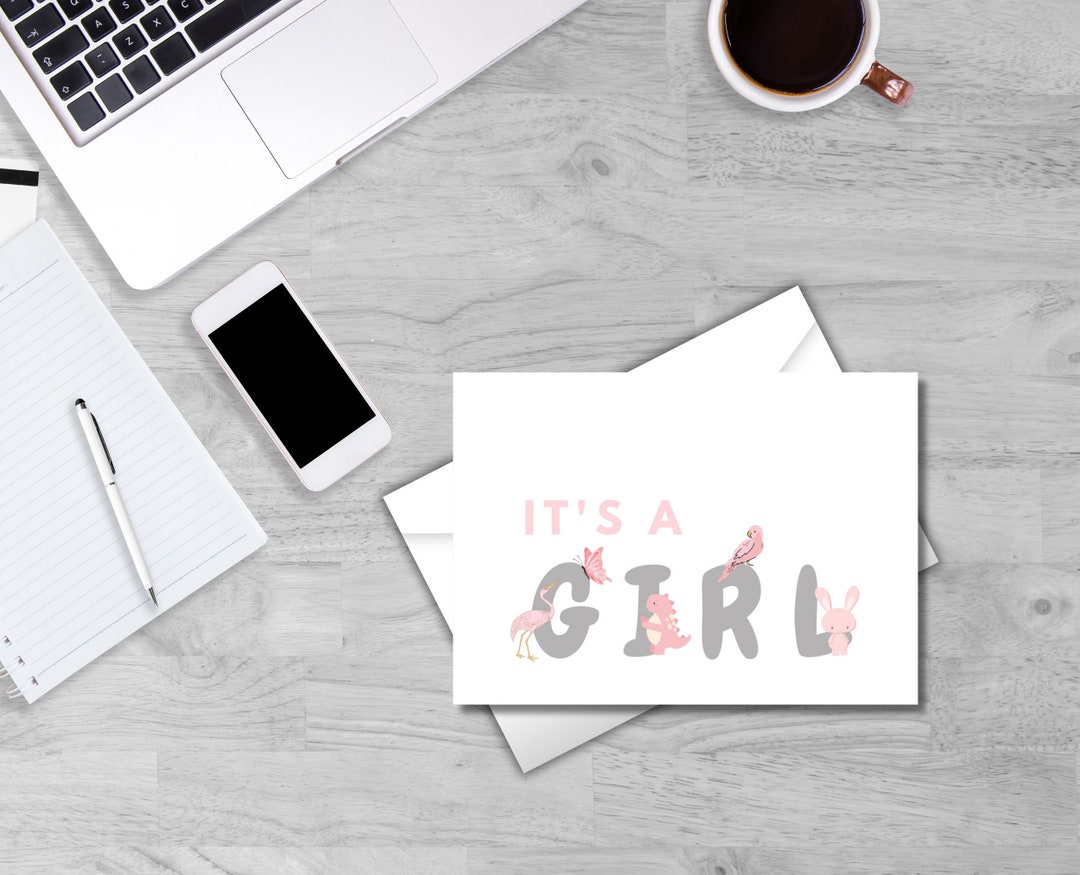 Welcome It's a Girl Printable Card With Pink Animals Baby Girl Card ...