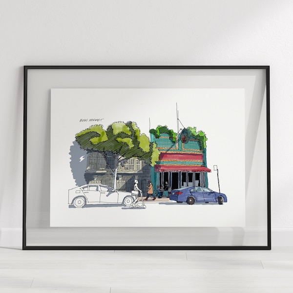 Bush Market Sketch, Urban Sketch Art, Urban Sketch Wall Art, Urban Sketch Poster, Art Print, Architectural Art, San Francisco Art, Local Art