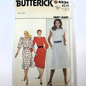 Butterick Sewing Pattern 4334 |  Dress Sewing Pattern with sleeve variations size 20 Uncut and Factory Folded | Vintage 1980s Dress