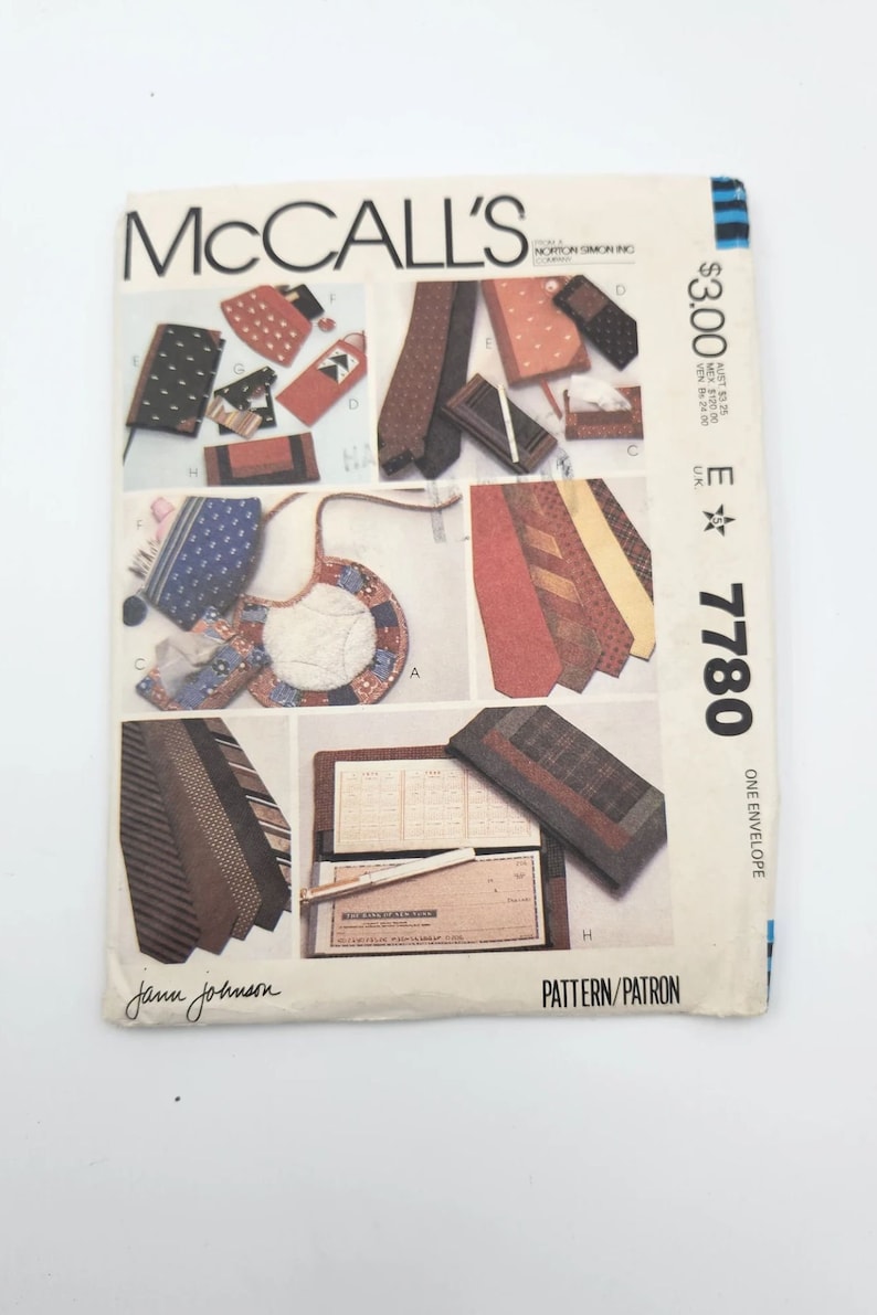 McCall's Sewing Pattern 7780 for Tie, Tissue Case, Bookcover, Eyeglass Case, Cosmetics Bag, Bib, Checkbook Cover UNCUT Pattern image 1