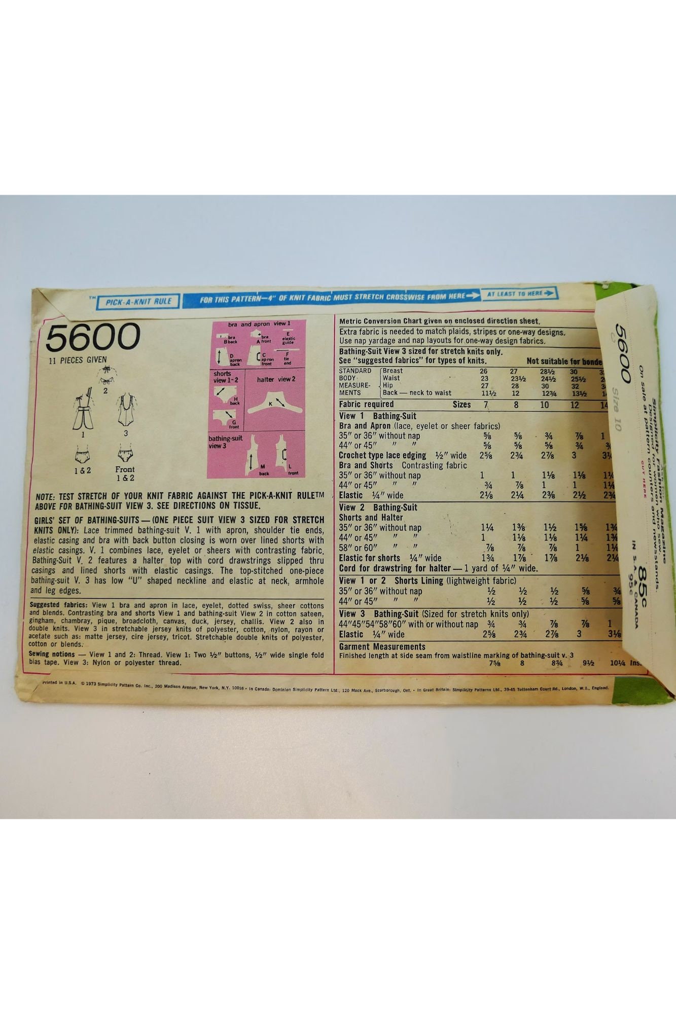Simplicity Girls Bathing Suit Sewing Pattern 5600 Girls Size 10
