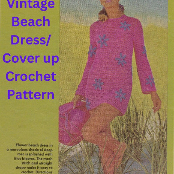 Vintage 1970's Crochet Beach Dress or Cover Up Crochet Pattern, Sizes 10-16 | Pattern Only Not A Physical Item | FREE CROCHET GUIDE