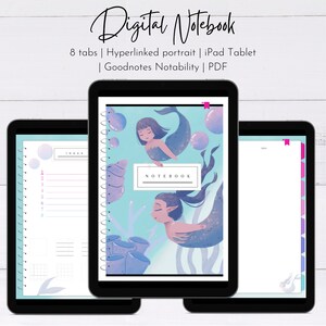 Peut inclure: Carnet numérique avec 8 onglets, une illustration de sirène et le texte "NOTEBOOK". Le carnet est conçu pour être utilisé avec des tablettes iPad et des applications comme Goodnotes et Notability.