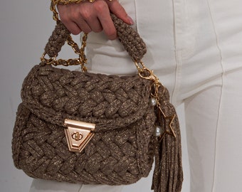 Khaki Green Handmade Crochet Knit Crossbody Bag Gold Strap Lock Purse Evening Clutch Bachelorette Tote Womens Fashion Clothing