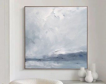 Large Blue Abstract Painting Contemporary Oil Paintings For Living Room, Blue Painting Gray Painting, Minimalist Wall Art, Wall Decoration