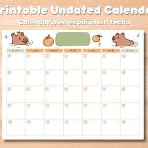 Blank Undated Capybara Monthly Calendar en ESPAÑOL | Digital Download for iPad and Print | Cute Chibi Drawings | Green, Brown, and Orange