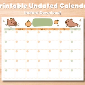 Blank Undated Capybara Monthly Calendar | Digital Download for iPad and Print | Cute Chibi Drawings | Green, Brown, and Orange