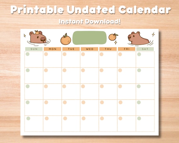 Blank Undated Capybara Monthly Calendar Digital Download for iPad and Print  Cute Chibi Drawings Green, Brown, and Orange - Etsy