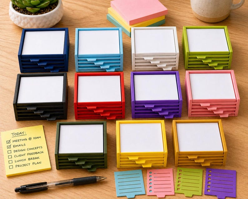 May include: A collection of colorful sticky note holders in various colors, including blue, green, yellow, and pink. Each holder contains a stack of white sticky notes. A yellow sticky note with the text "TODAY:" and a list is also visible, along with a pen.
