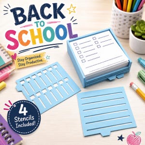 Sticky Note Holder with 4 Stencils – Back to school desk Organizer for Post-It Notes