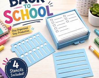 May include: A light blue plastic holder containing a stack of white paper with printed checklists, accompanied by two light blue plastic stencils featuring rectangular and horizontal line cutouts. Text includes "BACK TO SCHOOL", "Stay Organized. Stay Productive.", and "4 Stencils Included!".