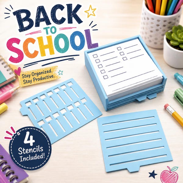 Sticky Note Holder with 4 Stencils – Back to school desk Organizer for Post-It Notes