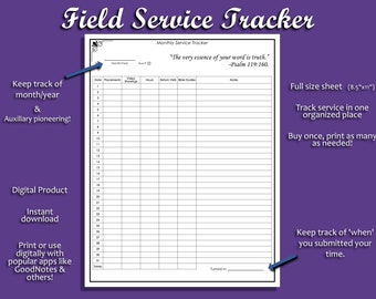 JW, Field Service Tracker, Ministry Organizer, Printable, GoodNotes