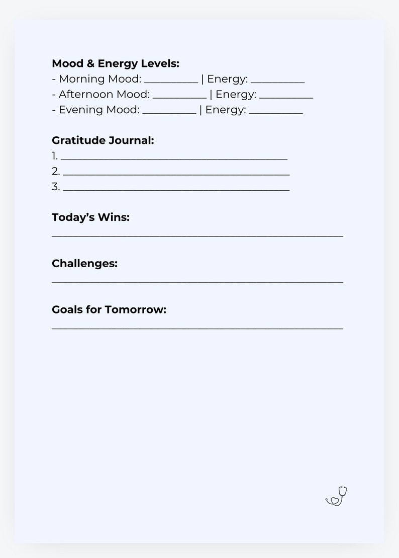 May include: A printable daily mood and energy tracker with sections for gratitude, wins, challenges, and goals. The tracker is designed to help you reflect on your day and plan for the future.