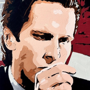 May include: A painted portrait of a person with light skin, dark hair, and a contemplative expression. The person is wearing a dark suit with a white shirt. The background is a mix of red and gray.