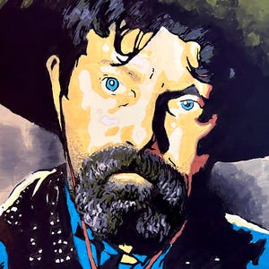 May include: A square painting of a man with a dark beard and mustache, wearing a black hat and vest. The man has blue eyes and a serious expression. The painting uses a palette of black, blue, yellow, and gray.