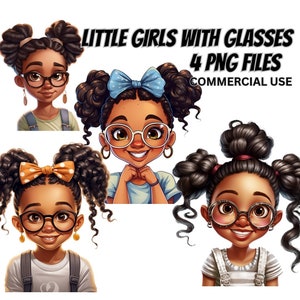 メガネをかけたかわいい黒人少女、4 つの PNG バンドル、巻き毛、魔法のクリップアート、商用利用可能なアフロ キッズ ヒストリー T シャツ ステッカー プランナー POD