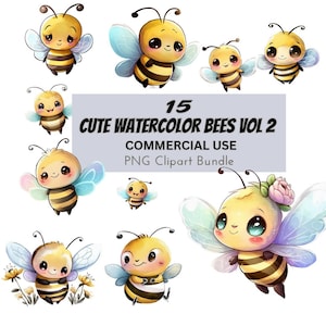 Cute Watercolor Bees V2, Digital Design Bundle Printable Clip Art Prints Commercial Use, Download Illustration PNG Graphics Crafts Nursery