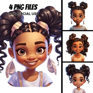 May include: A digital illustration of a young Black girl with curly hair styled in two high buns. She is wearing a white shirt with beige straps and large beige earrings. The image is set against a white background.