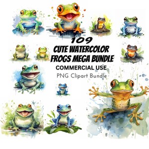 Cute Watercolor Frogs -  Digital Design Mega Bundle, Printable Art Prints Commercial Use Download Illustration Clip Art PNG Graphics Crafts