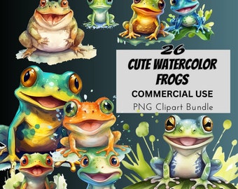Watercolor Frog Clipart – Cute PNG Graphics, Commercial Use (Digital Download)