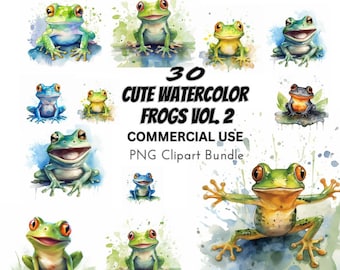 Cute Watercolor Frog Clipart – 30 PNG Graphics, Commercial Use (Digital Download)