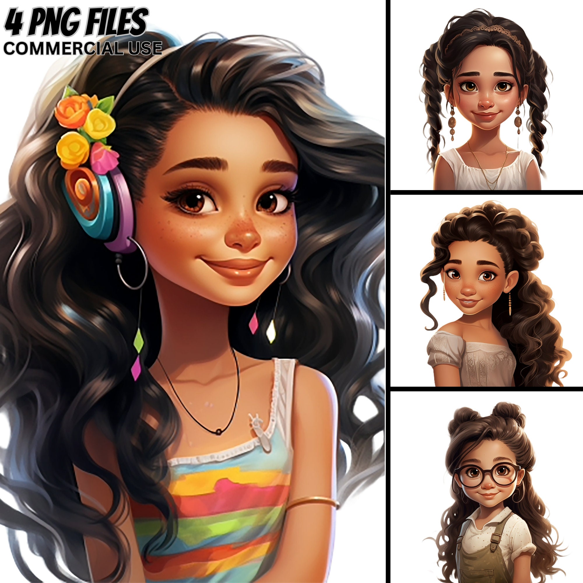 Cute Little Latina Girls Illustration V.11, 4 PNG Bundle, Colorful, Magic ClipArt Commercial Use Kids Printable Tshirt Digital Sublimation