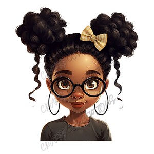 May include: A digital illustration of a young girl with brown skin, black curly hair in two buns, wearing round black glasses and a grey shirt. She has a yellow and white bow in her hair.