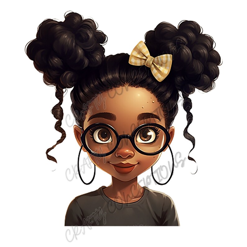 May include: A digital illustration of a young girl with brown skin, black curly hair in two buns, wearing round black glasses and a grey shirt. She has a yellow and white bow in her hair.