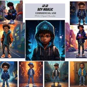 Schattige kleine zwarte jongen illustratie V.36 22 JPEG bundel, schooljongen, rugzak Cool Prince Magic ClipArt stoort Afro Kids prints tshirt Craft