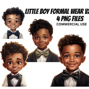 Stijlvolle kleine zwarte jongen formele kleding illustratie V.1 PNG bundel, bruiloft Tux Bow, coole Prins Magic ClipArt stoort Afro Kids prints tshirt