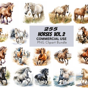 Watercolor Horses Vol2, Digital Design Bundle Printable Clip Art Prints Commercial Use Download Illustration PNG Graphics Nursery Cardmaking