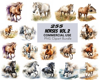 Watercolor Horses Clip Art, Digital Design Bundle (PNG)