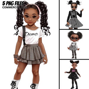 Niedliche kleine schwarze Mädchen Illustration V.113, 5 PNG Bundle, motivierende Mädchen Boss Sommer Mode Magie kommerzielle Nutzung Afro Kinder Drucke Tshirt