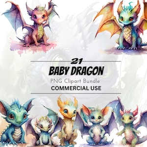 21 Baby Dragon Clipart Bundle Pack, PNG, Sprookje, Aquarel, Waterkleur, Digitale download, Afdrukbaar, Volledig commercieel gebruik, Papierambachten