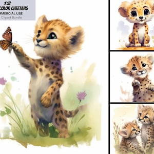 Lindo bebé guepardo acuarela clipart paquete, arte imprimible, Safari Animal PNG, uso comercial, descargar gráfico de ilustración, artesanías de vivero