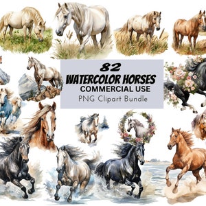Watercolor Horses, Digital Design Bundle Printable Clip Art Prints Commercial Use Download Illustration PNG Graphics Nursery Card making