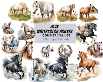Watercolor Horses Clipart, Digital Design Bundle (PNG)