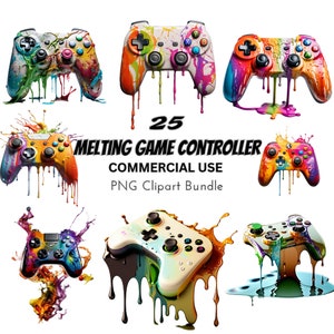 May include: 25 Melting Game Controller PNG Clipart Bundle for Commercial Use.  A collection of colorful, dripping game controllers in various styles.